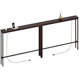 ELYKEN 2 Pack 5.9' Narrow Console Sofa Table with Power Outlets, 5.9' Dx39.4 Wx31.1 H Bamboo Behind Couch Table with Charge Station, Brown