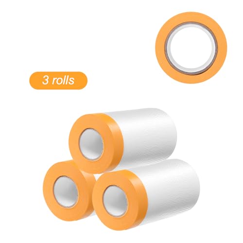 Image of HARFINGTON 3 Rolls Pre-Taped Masking Film 25.6 inch x65.6ft Tape and Drape Painters Plastic Drop Cloth Film with Tape Plastic Sheeting for Automotive Painting Covering