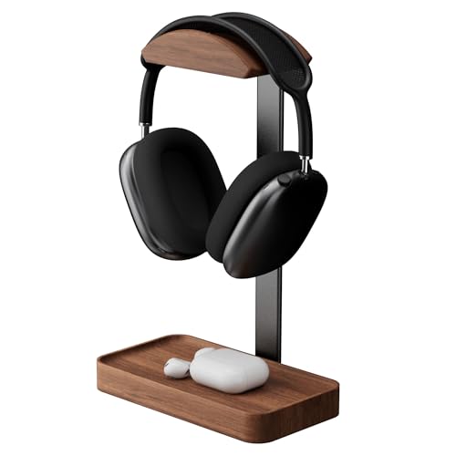 muso wood Walnut Headphone Stand Wood Headset Stand with Storage Base Headphones Holder for Gaming Office and Home Desk - Compatible with AirPods Max Bose Razer (Black)