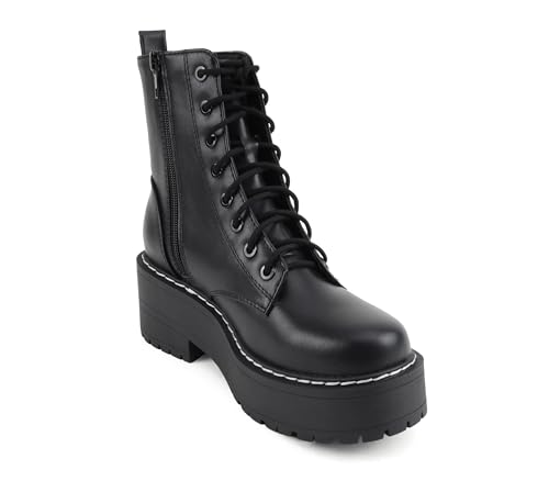 Image of Soda FLING Women Chunky Lug Sole Lace up Fashion Combat Ankle Boot w /Side Zipper