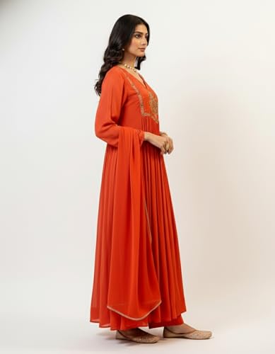 Image of Amazon Brand - Tavasya Women's Silk Chiffon Embroidered A-Line Kurta Set with Rayon Pant and Silk Chiffon Laced Dupatta | Kurti Set for Women