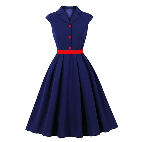 Wellwits Womens Color Block Button Belt Vintage Formal Work Blazer Dress Navy M