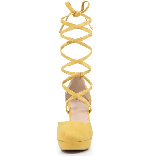 Allegra K Allegra K Women's Lace Up Platform Strappy Chunky Heels Yellow Pumps 8 M US