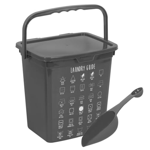 eMKay® 6 Litre GREY Plastic Detergent Storage Box with Scoop – Laundry Dishwasher Washing Powder Tablet Storage Container with Lid & Handle, Care Guide Icon Design, Hook Latch Seal, Grey Handle