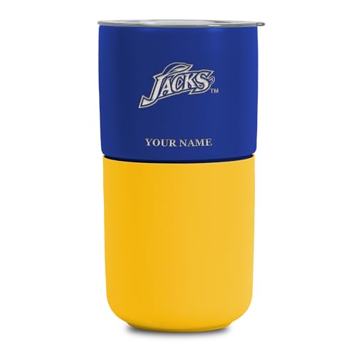 Rico Industries NCAA South Dakota State Jackrabbits Personalized 16oz Royal Ceramic Tumbler with Yellow Silicone Grip, Deep Laser Engraved Logo, Travel Coffee Mug with Slide Lid, Matte Glaze
