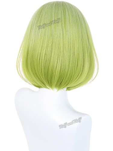 Image of Half and Half Short Light Green Bob Cosplay Wig Green Anime Wizard Costume Wigs with Side Part Bangs for Women Halloween Party Daily