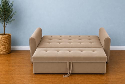 Image of Adorn India Premium Mystic - 3 Years Warranty - 3 Seater Sofa Cum Bed Velvet Suede Fabric - Beige