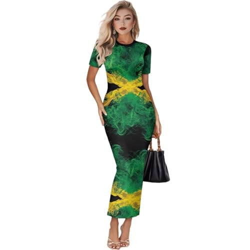 Image of Womens Short Sleeve Jamaican Flag Midi Bodycon Dress | Soft stretchy fabric,crew neck,jamaican print casual date night cocktail party, elegant chic, spring summer fall all season