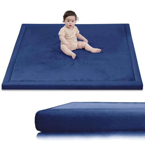 Image of Ultra Soft Baby Play Mat for Floor, 1.3 inch Thick Elasti-Foam 59x59 Play Mat for Playpen,Water-Repellent Coral Velvet for Tummy Time, Non-Slip Backing,Safe for Toddlers & Infants(Dark Blue)
