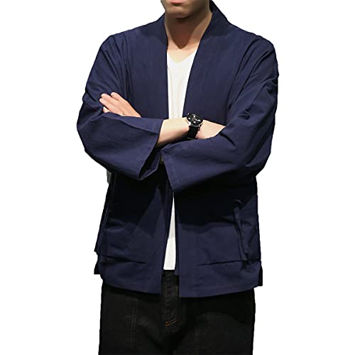Image of Mens Kimono Cardigan Cotton Linen Japanese Shirt 3 /4 Sleeve Haori Yukata | Skin-Friendly Solid Color Lightweight Shawl Collar Kimono Robe Embroidery Button Tie Pockets Happi Coat All Season Daily Wear