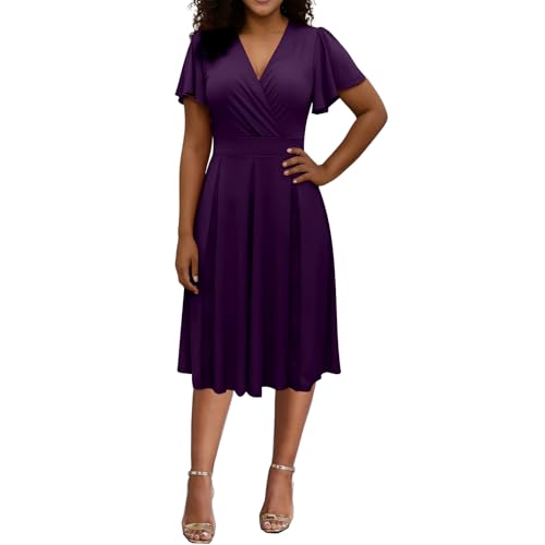 Image of Womens Purple Cocktail Prom Dresses 2025 Summer Sexy V Neck Lace Maternity Clothes Formal Wrap Wedding Guest Bridesmaid Midi Dress,Medium