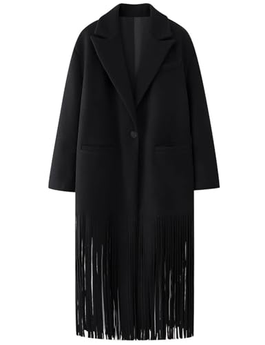Gihuo Women's Long Coat Notch Lapel Single-Breasted Jacket with Fringe Hem