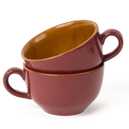 Image of Bodhi House Ceramic Coffee Wide Large Mug with Handle - Set of 2, 350Ml Glossy Finish | Bone Ash Free & Microwave Safe | for Cappuccino, Latte, Green Tea - Burgundy