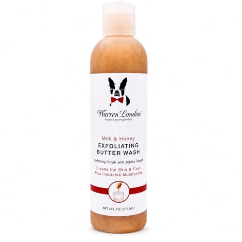 Warren London Exfoliating Butter Wash Dog Shampoo Milk & Honey 8 oz | Cleansing Conditioning & Exfoliating Shampoo with Jojoba Beads for Dry Skin Flakes Soft Coat & Shine | Made in USA