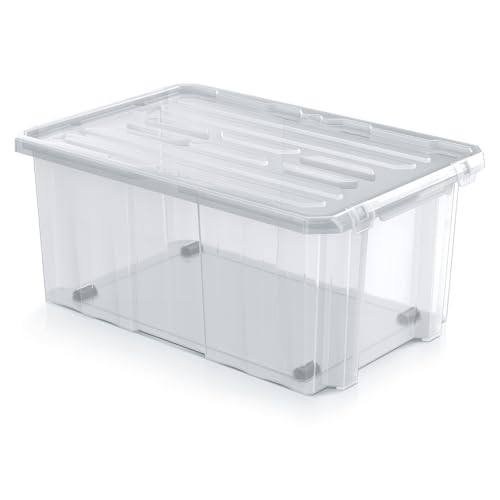 Cargobox - Caja de almacenaje transparente con tapa, 60 x 40 x 26,5 cm, 45 litros, apilable, con ruedas, de plástico resistente