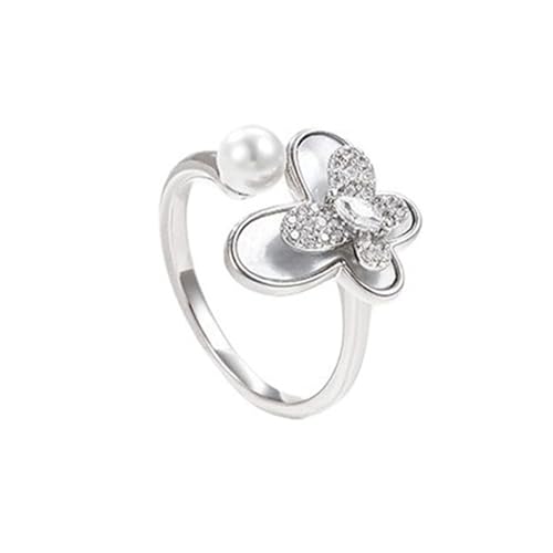 Stfery PT950 - Anillo de plata para mujer, diseño de mariposa y perla, talla 54 (17,2)