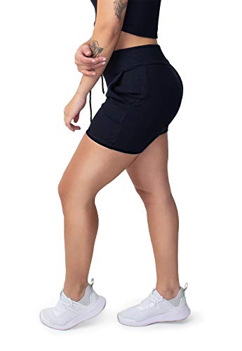 Short Ribana Vicbela Calenado Cintura Alta (M, Preto)