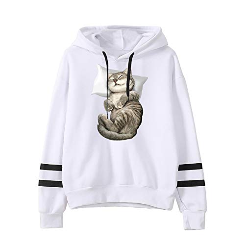 LATINDAY Women's Cat Print Varsity Striped Drawstring Pullover Sweatshirt Hoodies Tops White