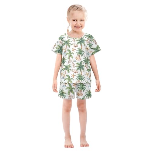 ALAZA Seashell Palm Tree Starfish White Pajamas Short Sleeve 2 Piece Sleepwear Top and Bottom Pajama Set Unisex3