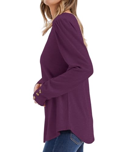 OFEEFAN Long Sleeve Shirts for Women Blouses Dressy Casual Womens Sweaters Puff Sleeve Fashion Clothing Tops with Buttons4