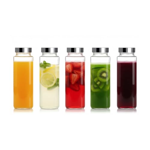 Image of Glassbunny 500ml Glass Juice Bottles, Stainless Steel Lids, Reusable Small Glass Bottles for Smoothies, Iced Tea & Milk -Leak-Proof, BPA-Free, Dishwasher Safe Pack of 5