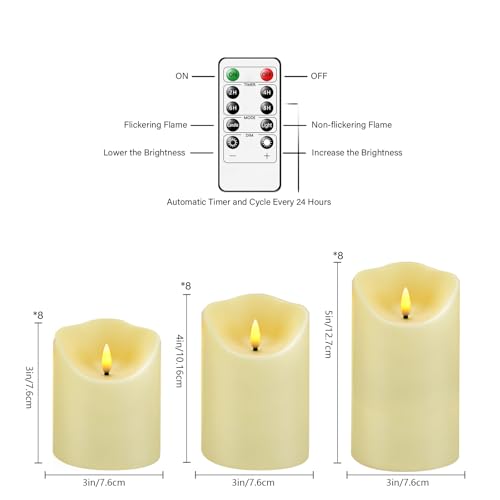 Image of Nimiko Flameless Candles with Remote, Battery Operated Flickering Flameless Candles, LED Candles with Timer 2 /4 /6 /8H, with Realistic LED Candles Set of 24 (D3 x H 3 inch 4 inch 5 inch) (Ivory)