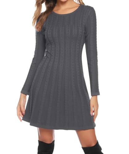 Gyabnw Damen Strickkleid Elegante A-Linie Kleid Pulloverkleid Zopfmuster Rundhalsausschnitt Minikleid Strickpullover für Party Cocktail Freizeit,...