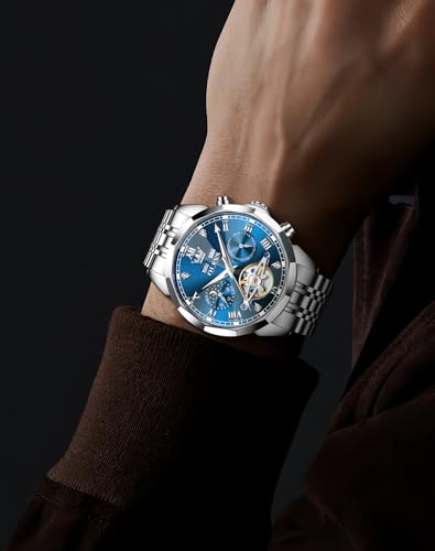Image of OLEVS Men Automatic Watch Diamond Skeleton Mechanical Luxury Self Winding Moon Phase Calendar Waterproof Wrist Watch for Men