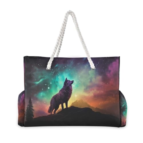 Dreamscapes Wolf Beach Bag with Top Zipper Closure, Waterproof Pool Bag, Large Beach Tote for Women#5292