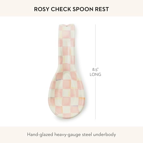 MACKENZIE-CHILDS Enamel Spoon Rest, Kitchen Spoon Holder and Utensil Rest for Stovetop, Pink-and-White Rosy Check