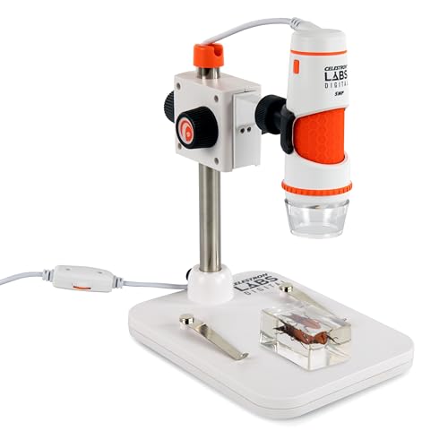 Image of Celestron Labs Digital 5MP Handheld Microscope - Adjustable Focus - 20x-200x Magnification - Compatible with Windows, Mac - Great for Educators, Hobbyists, & Professional - Captures Images & Movies | 8 Adjustable LED Ring, One-Touch Snapshot Button. • Includes Adjustable Stand, Calibration Ruler