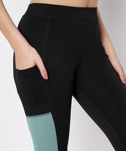 Image of Mehrang High-Waisted Capri Leggings with Side Pocket - Black & Contrast Color Block Activewear for Gym, Yoga, and Everyday Comfort for Women