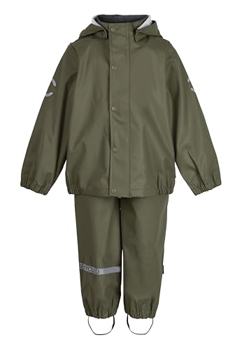 Mikk-line PU Zweiteiliger Regenset mit Trägern 116 Dusty Olive | OEKO-TEX Standard 100 | 100% recyceltem PU-Material | Für Jungen Und Mädchen | Regenhose und Regenjacke | Reflektierenden Details