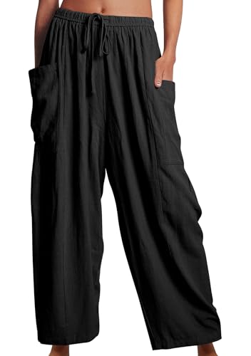OMZIN Women Summer Plus Size Plain Cropped Pants with Pocket Hippie Elastic Waist Pants Loose Yoga Pants