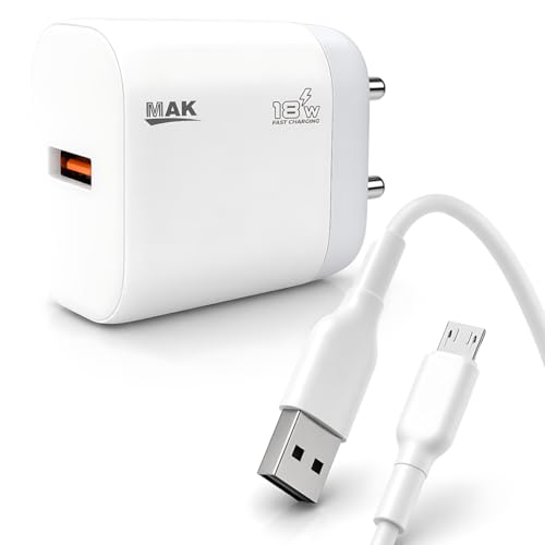 Image of MAK 18W Fast Charging USB Wall Charger 2.4A with USB to Micro USB (V8) Cable, Compatible with Android Smartphones, Tablets & Micro USB Devices, Safe & Reliable Power Output - White