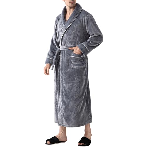 Mens Fleece Robe Shawl Collar Plush Fluffy Cozy Warm Thick Bathrobe Shaggy Spa Robe Long Fuzzy Sleepwear