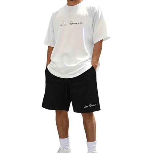 Generico Due Pezzi Tuta Uomo Estiva LOS ANGELES Firmate Completo Girocollo Camicia e Pantaloni Corti Coordinato Set di Sportivo Moda Casual Comoda Tute Per Jogging Palestra Vacanza