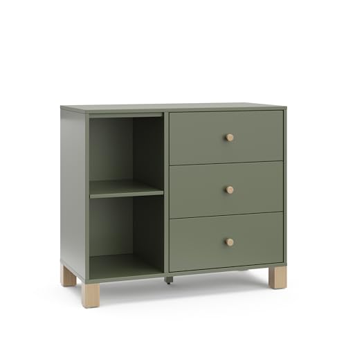 Image of Storkcraft California 3 Drawer Combo Dresser (Olive with Driftwood) – GREENGUARD Gold Certified, Interlocking Drawer System, Pre-Installed Drawer Tracks for Easier Assembly, Spacious Cabinet