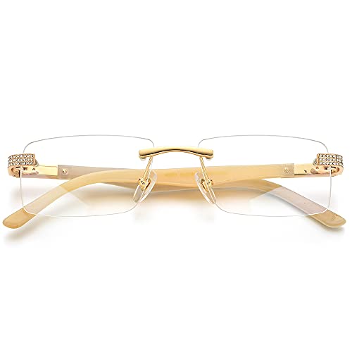 Image of HEPIDEM 100% Really Buffalo Horn Glasses,Square Rimless Luxury Buffs Eyeglasses with Zircon Diamonds
