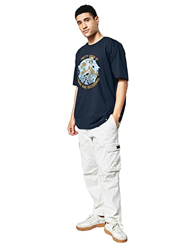 Image of The Souled Store Men Official Looney Tunes: Wile E.Coyote x Bad Decisions Navy Blue Printed Oversized T-Shirts