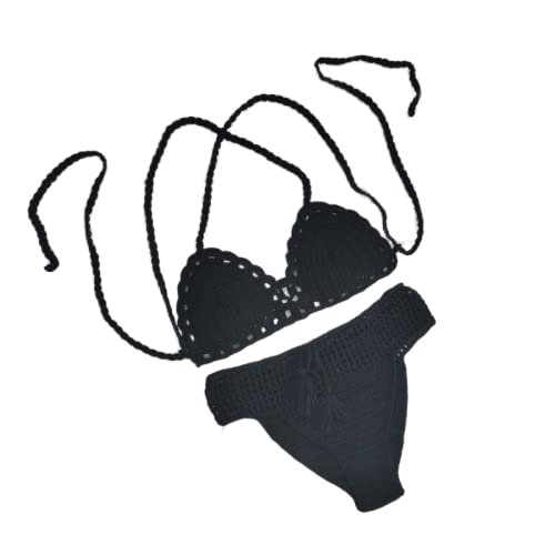 VRTTAA Summer Handmade Crochet Bikini Set Femmes Top Maillots De Bain Plage Sexy Maillot De Bain Deux Pièces Tricoté Mode Creux V-Neck Vêtements,Black,S