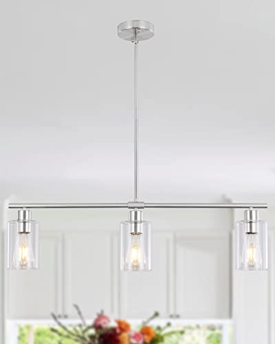 Lwytjo 3 Lights Pendant Light Nickel, Kitchen Island Modern Lighting Fixtures, Farmhouse Linear Ceiling Chandeliers With Glass Shade, Adjustable Height Hanging Lamp For Dining Living Room #TOP4