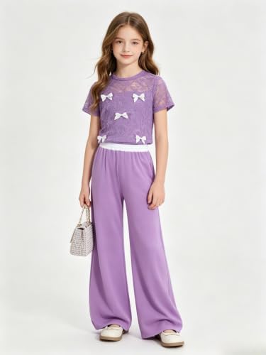 Image of Girls Clothes 2 Piece Short Sleeve Lace Bow Print Tops Flared Pants Set Little Girl Outfits Size 7-14