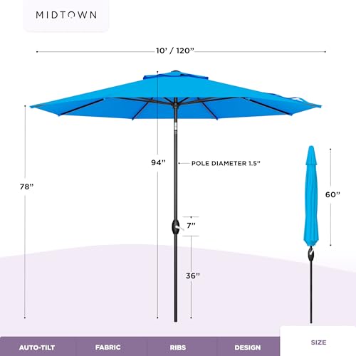 Image of Midtown Umbrellas - 10-Year-No-Fade 10FT Patio Umbrella with Terylast Fabric, Auto-Tilt Aluminum Frame and 8 Reinforced Ribs for Deck, Pool, Garden & Beach - Cobalt Blue Canopy, Black Pole