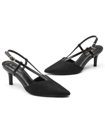 Image of Slingback Kitten Heels for Women Closed Pointed Toe Pumps Dress Shoes with Buckle Strap Comfortable Slip On Sandal Heels for Work Party Wedding