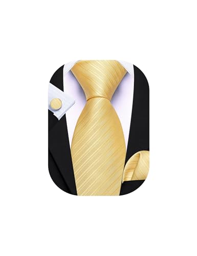 Image of Barry.Wang Solid Striped Tie for Men Silk Necktie Pocket Square Cufflinks Formal Wedding Party Business