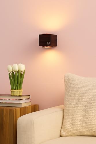 Image of Green House Handmade Sheesham Wood Wall Light Lamp | 2 Way Light - UP /Down | 3W+3W Warm White LED | Modern Wooden Wall Sconce for Living Room, Bedroom, Staircase, Hallway Decor | Square - Pack of 1