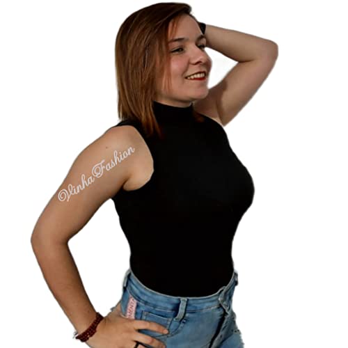 Blusa Feminina Gola Alta Sem Manga Vinha Fashion Em Tecido Suplex Com Proteção Uv (PRETO, M)