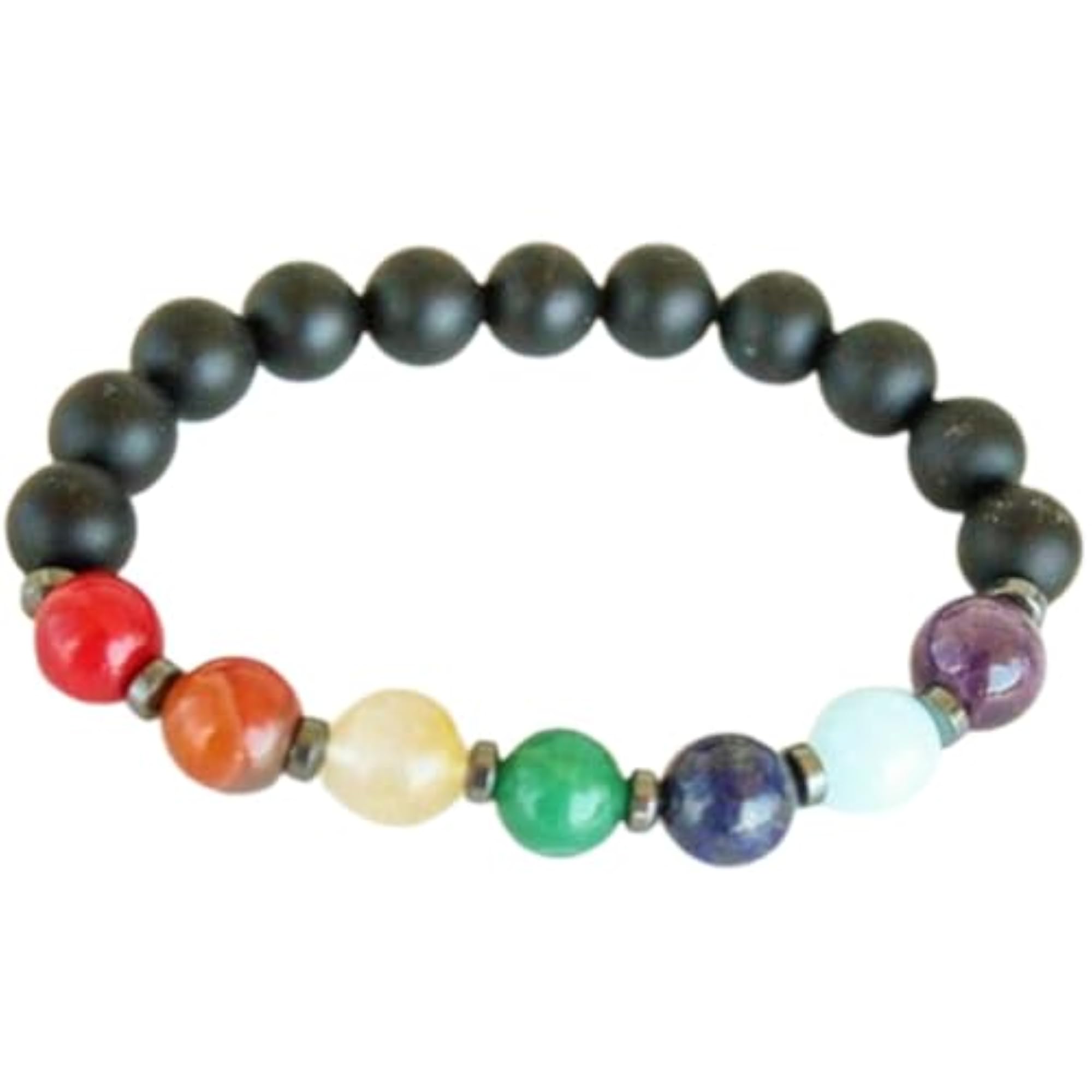 Natural 7 Chakra & Matte Black Onyx Gemstone Stretch Bracelet, Unisex