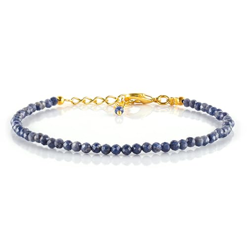 Natural Gemstone Micro Beads Dainty Bracelet Jewelry for Women, Birthstone, Chakra Energy Crystals, 14k Gold Plated Chain 8 inch Adjustable